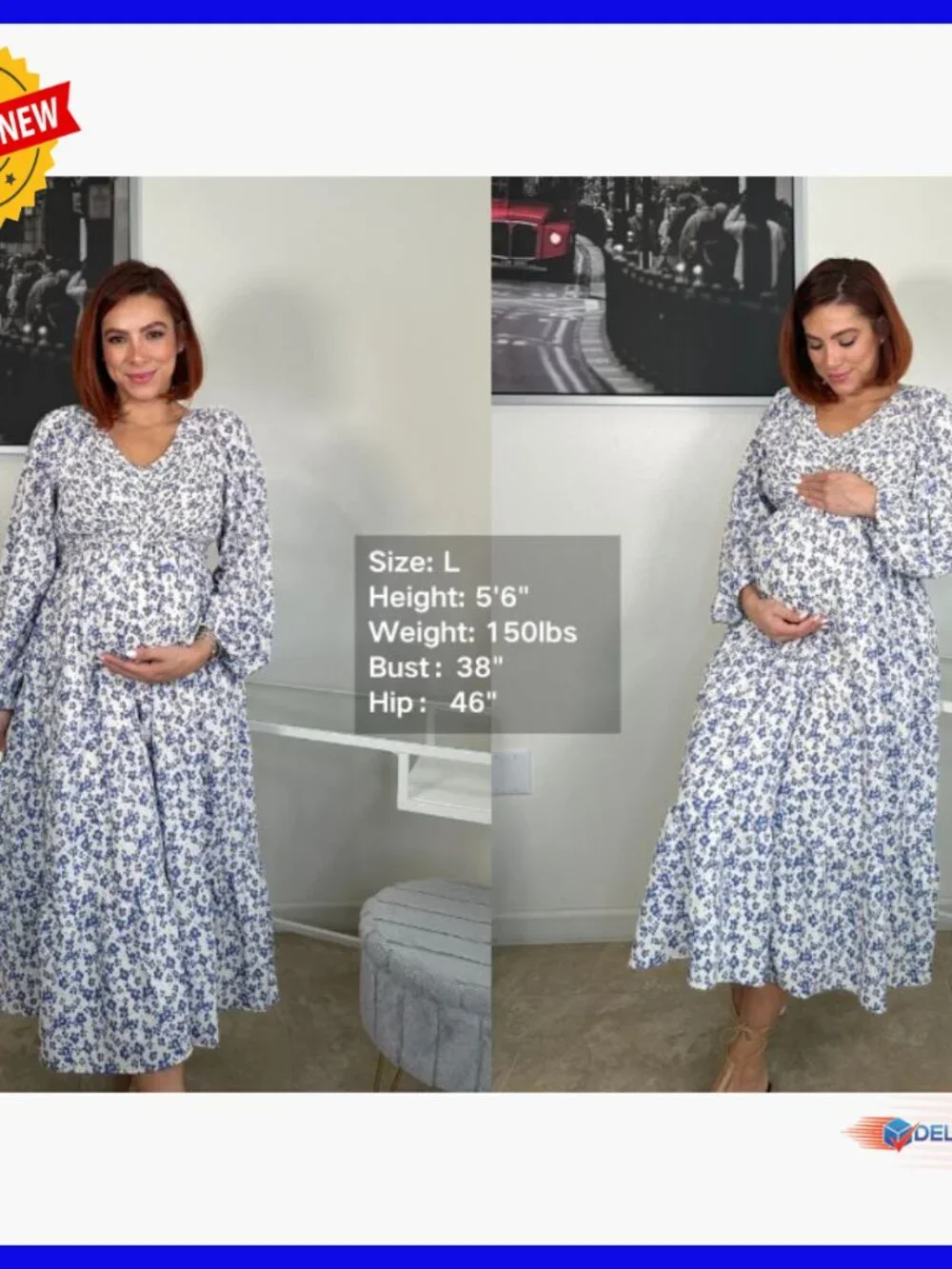 Maternity Midi Dress Flutter Sleeve Smocked Top A-Line Casual Summer - Picture 7 of 7